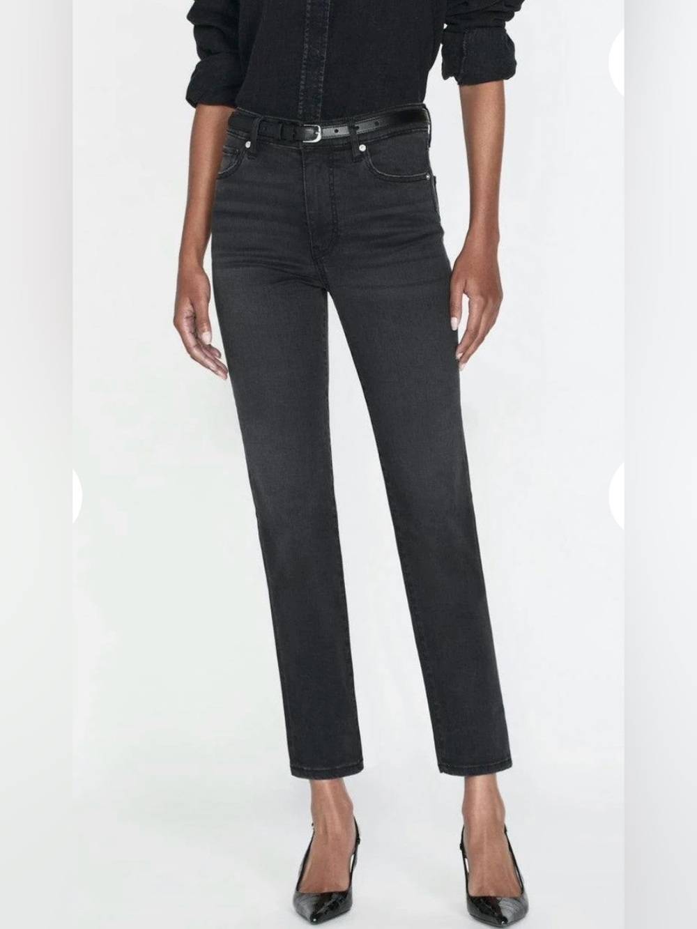 Frame Denim High Rise Black Le Sleek Kerry Straight Leg Ankle Stretchy Jeans